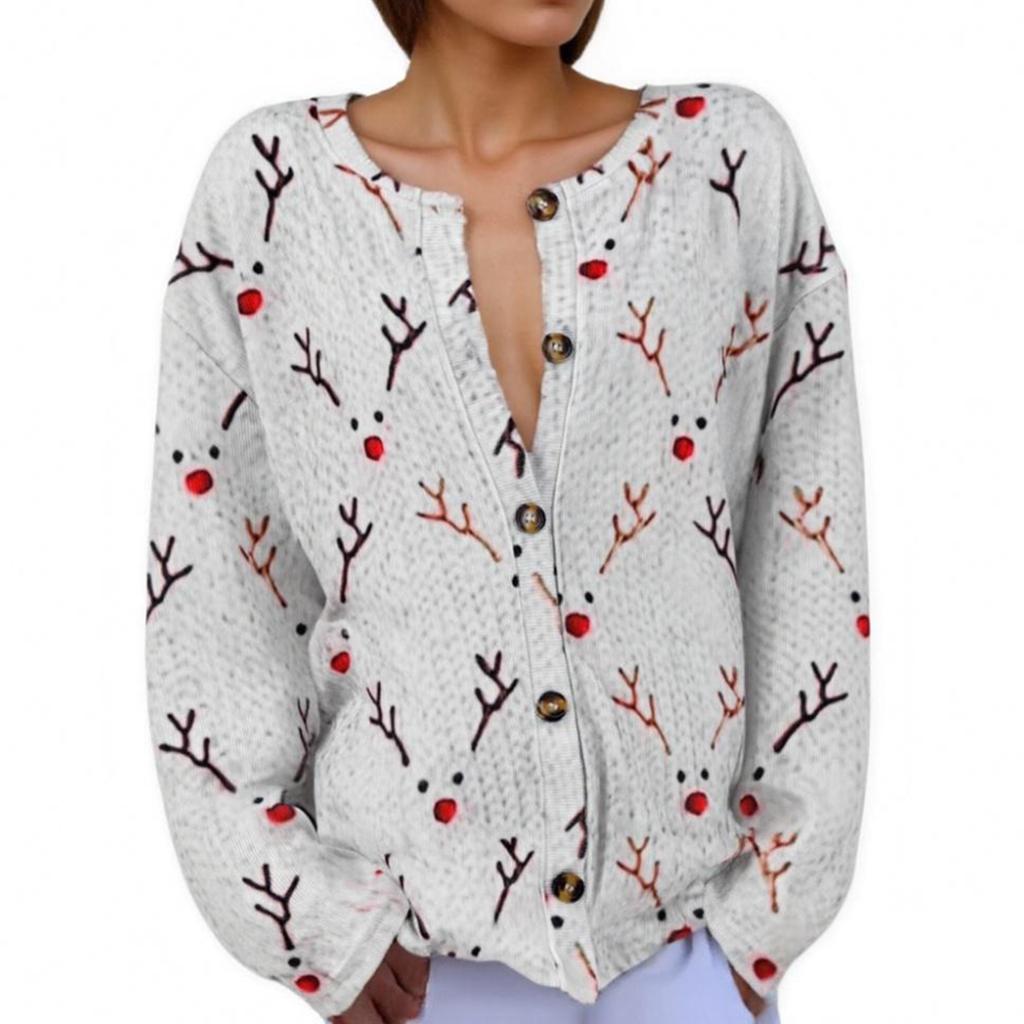 Women's Fashion Christmas Printed Long Sleeve Knitted Cardigan Button Down Jacket