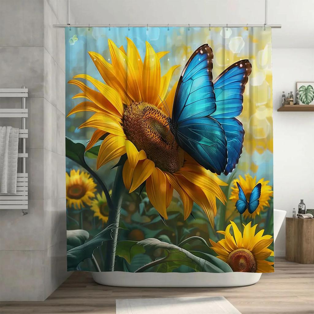 Blue Butterfly On Sunflower Waterproof Shower Curtain Heat Resistant Machine Washable Non-Transparent 180X180Cm