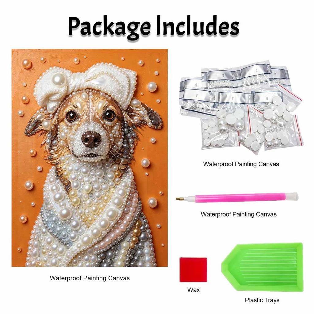 Handmade Framed Pearl Painting Set with Cute Elegant Puppy Wearing Towel Design 5D Shiny Bead Art Canvas Creative Craft for Room Decor