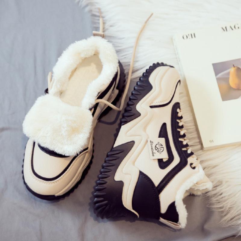 Women's Cotton Boots Daily  Winter New Plush Warm Cotton Shoes Thick Soled Lace Up Height Casual Sports Vulcanized Shoes