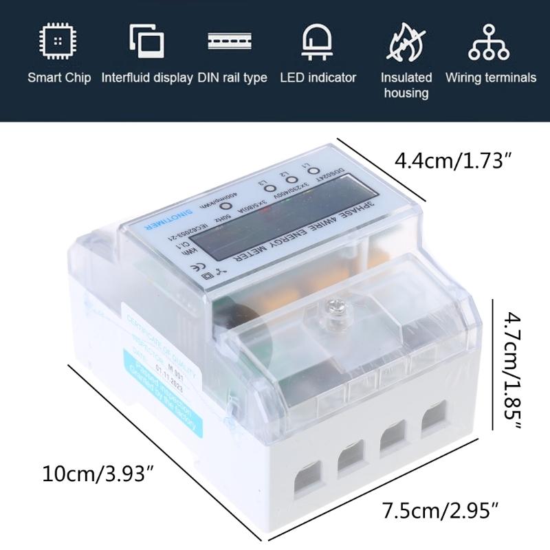Digitaler Dreiphasen-Energiezähler, schienenmontierbarer Stromzähler zur Leistungsmessung, 380 V, einfache Installation, Kunststoff