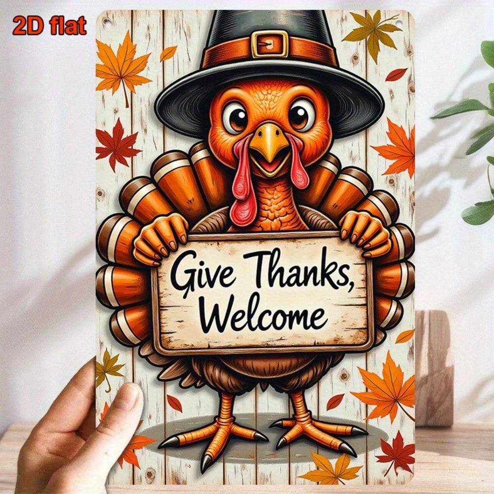 1pc Vintage Turkey Metal Wall Sign, Rustic Give Thanks Welcome Plaque, Smiling Turkey Autumn Leaves Thanksgiving Decor