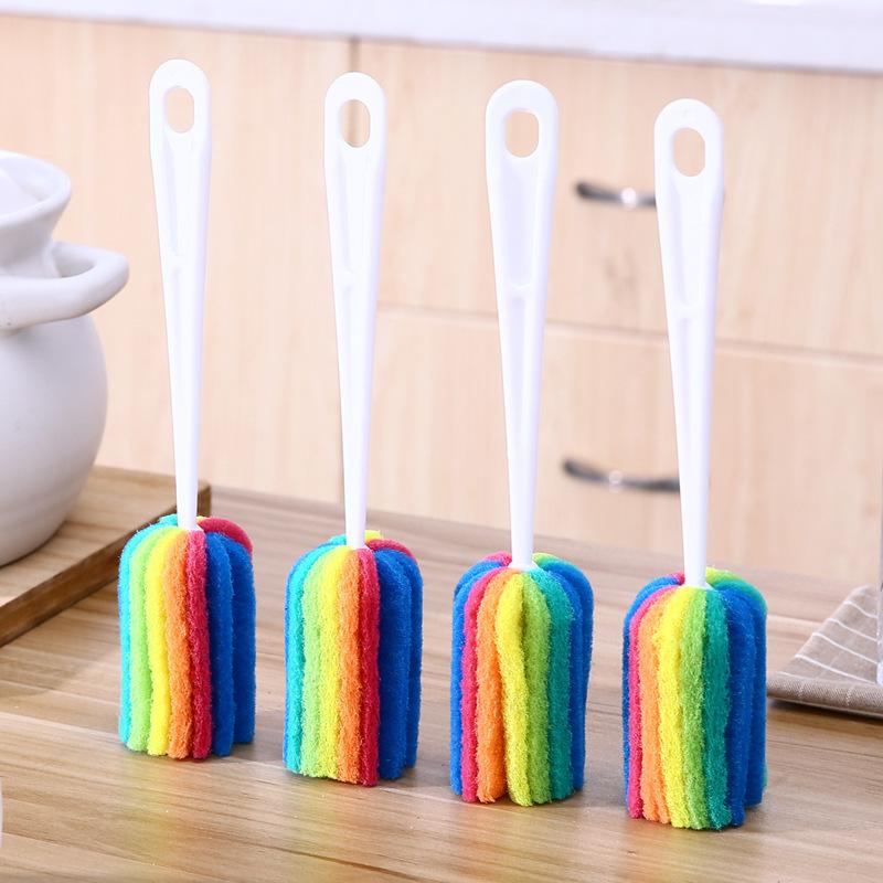 Rainbow Sponge Baby Bottle Pacifier Brush Wash Water Cup Container Sponge Cleaning Brush Scrubber with Handle Cleaning Utensils