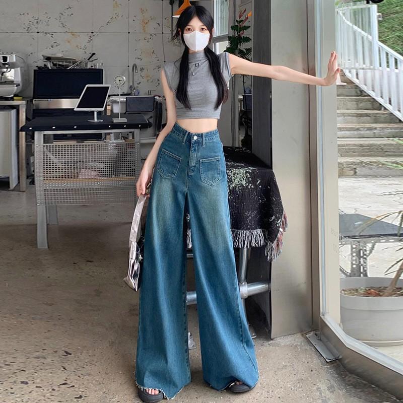 Womens High Waist Wide Leg Denim Pants With Raw Hem Loose Fit Flare Style Casual Chic