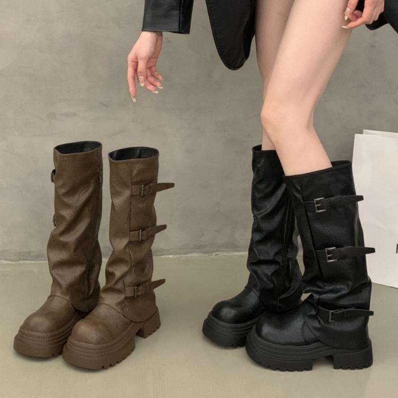 Vintage Platform Thick Sole Woman Knight High Boots Fashion Belt Buckle Long Booties Botas De Inverno Feminina