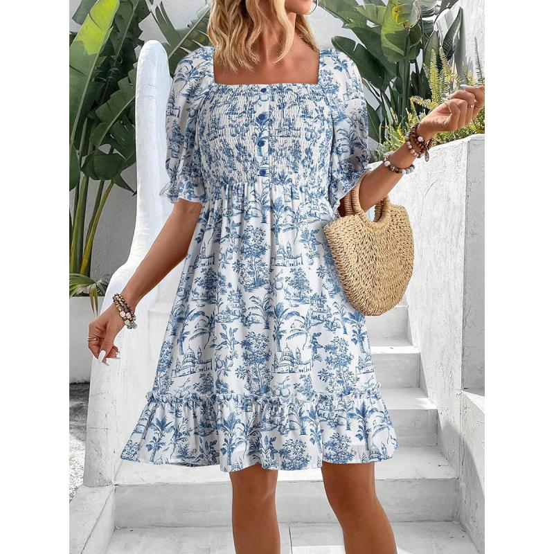 Women's Square Neck Puff Sleeve Printed Backless Loose Casual Midi Dress For Women