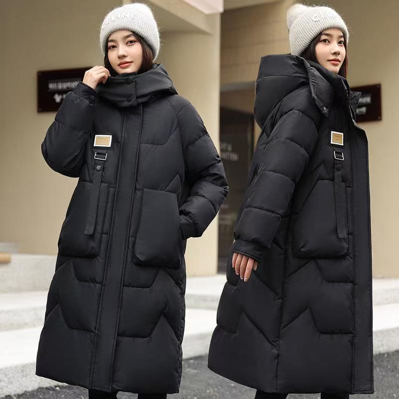 

Loose long hooded women s cotton clothes over the knee season medium and long jackets down cotton clothes M чорний
