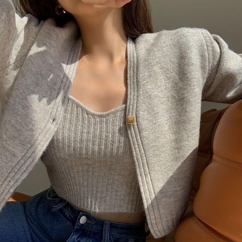 Pit Strip and Waist Knitted Sweater Cardigan Suspender Plain Color Sweet Spicy Style High-end Short Loose Autumn and Winter