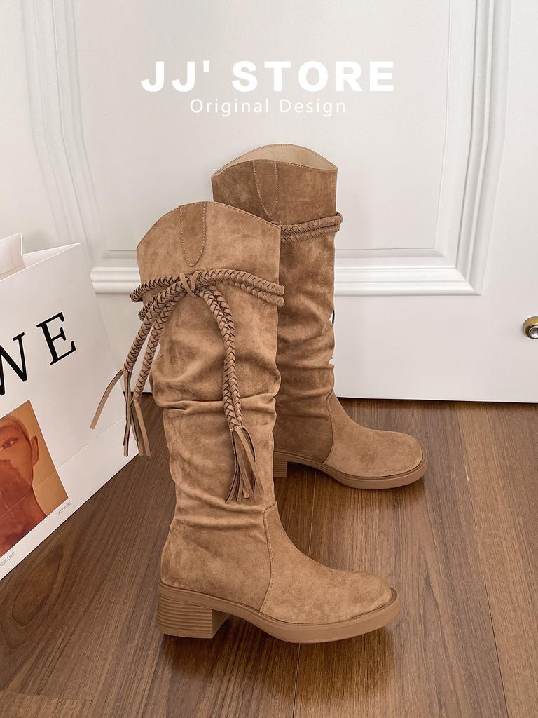 New Spot Tassel Retro Wasteland Wind Boots Women's Thick Heel Thin Pleated Piled Boots Thick Sole But Knee High