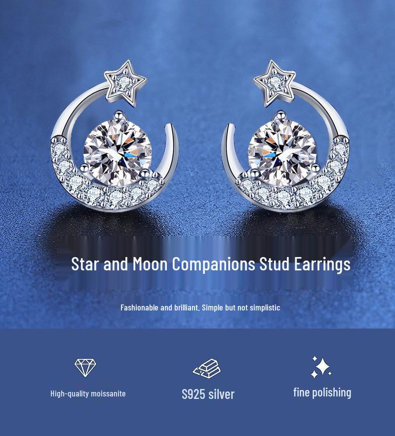 Exquisite S925 Sterling Silver Moissanite Star and Moon Stud Earrings for Pierced Ears