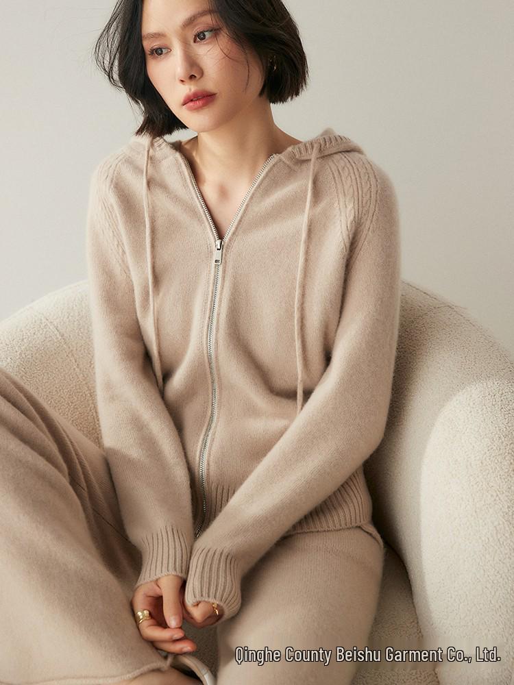 2024 Autumn-Winter Women's Cashmere Hooded Cardigan Knitwear Top