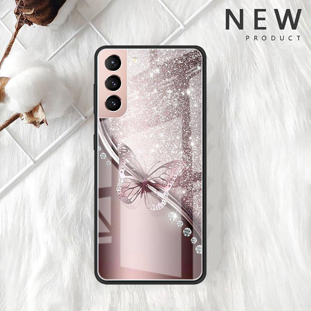 Funda de Cristal Mariposa Rosa Belleza Para Samsung Galaxy S22 S20 FE S21 Plus Cubierta de Teléfono S10 5G S9 Note 20 Ultra 10 Lite Carcasa