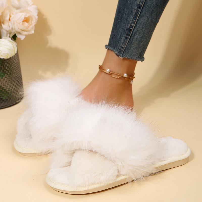 Women's Fuzzy Cross Slippers - Plus Size, Indoor/Outdoor, Autumn/Winter Warm