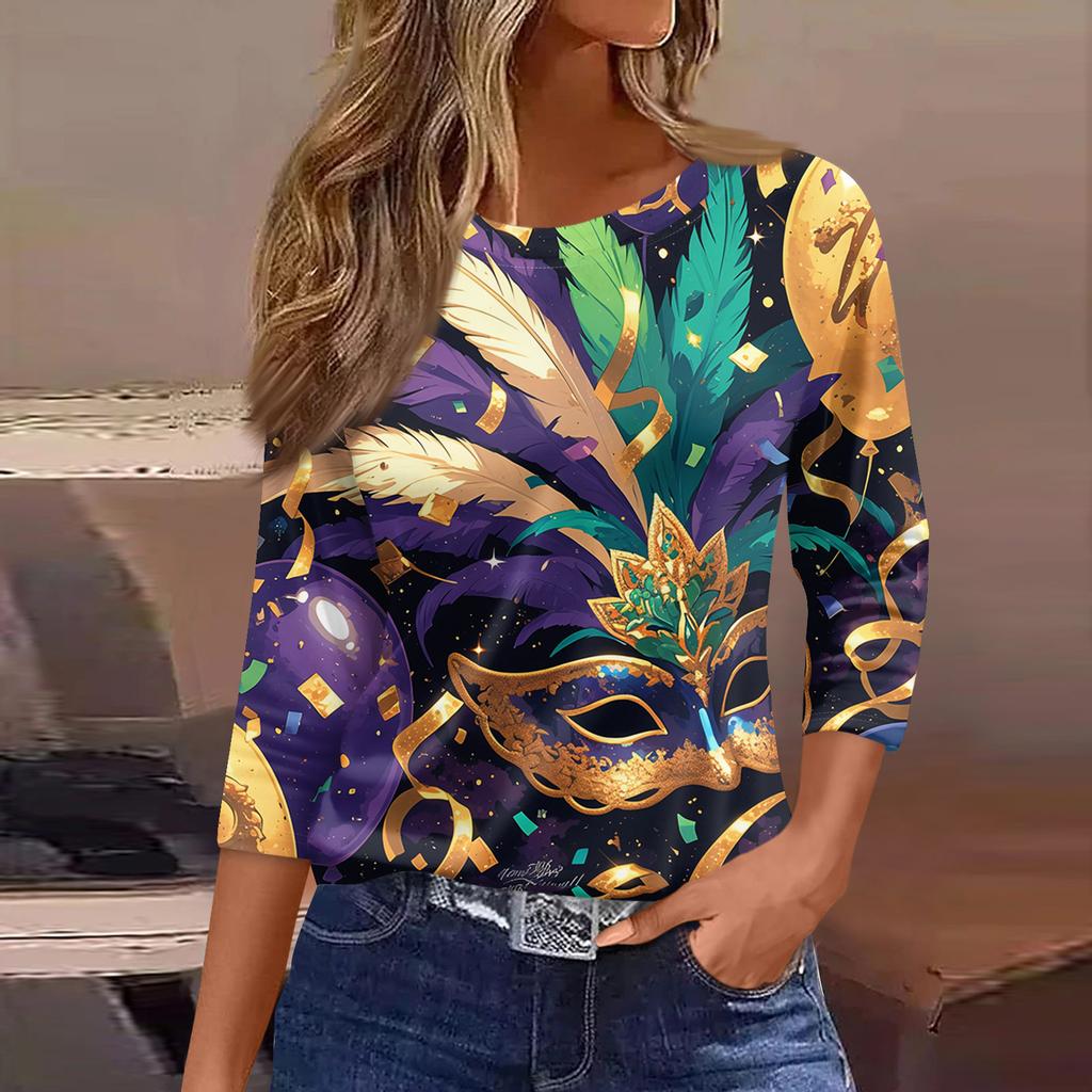 3/4 Length Sleeve Womens Tops Floral Print Vintage Fashion Casual Loose With Round Neck Plus Size Shirts