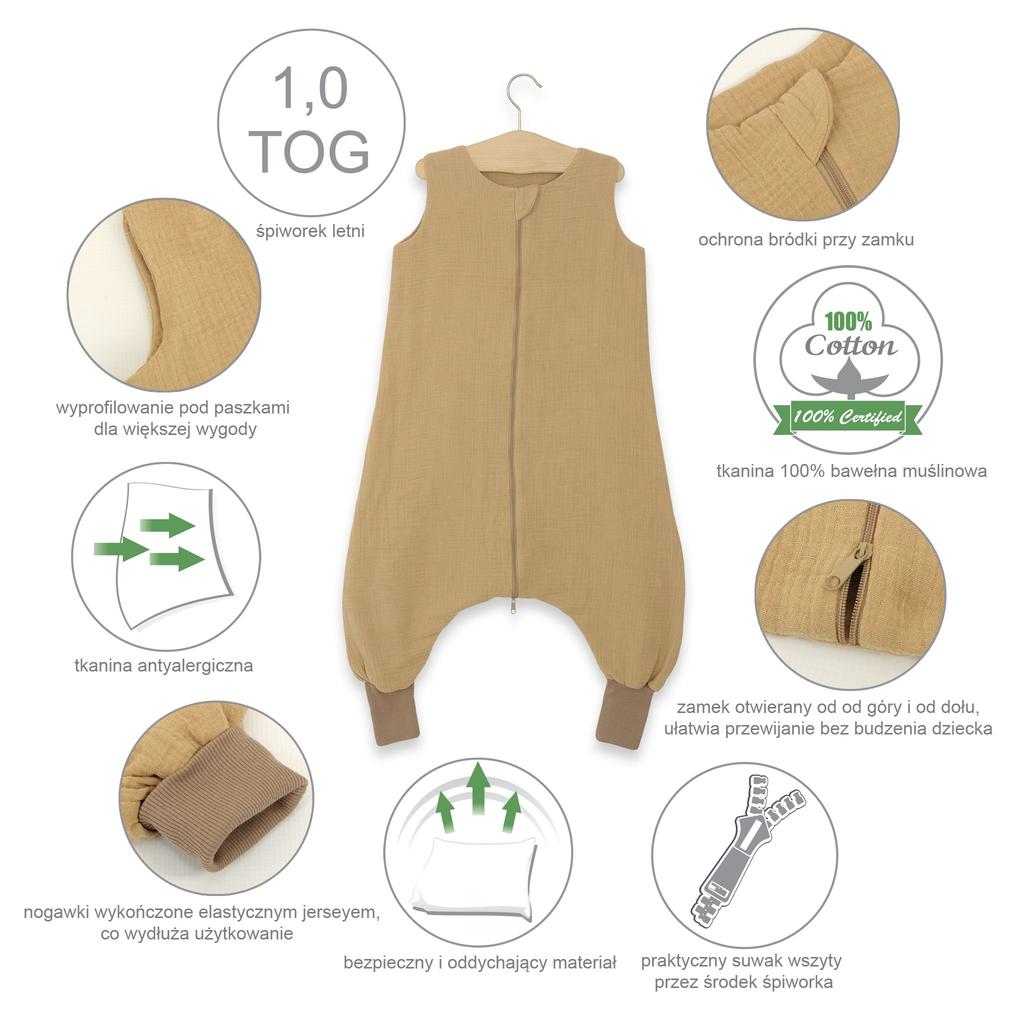 Musselin Schlafsack für Kinder mit Beinen L 9-24 Monate Sommer TOG 1.0 - grau