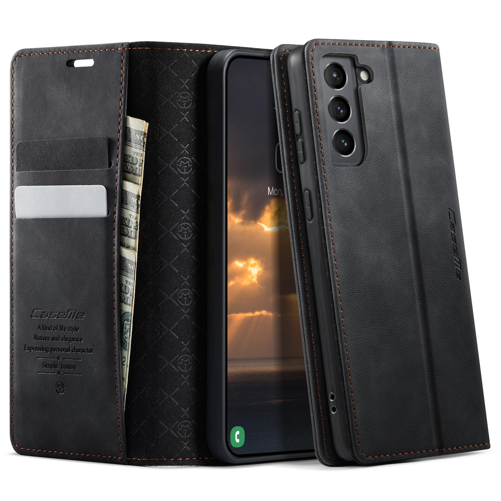 

For Samsung Galaxy S21 FE 5G Case CASEME 033 Series RFID Blocking Wallet Stand Calf Texture Leather Phone Cover Black