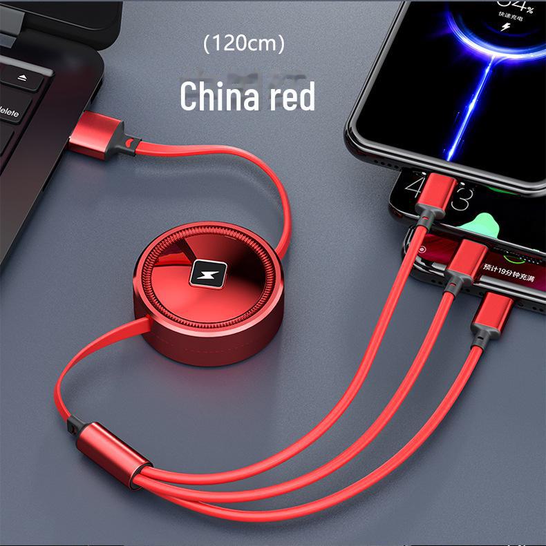 66W Fast-Charging Retractable 3-in-1 Data Cable with Storage & Electroplated Type-C