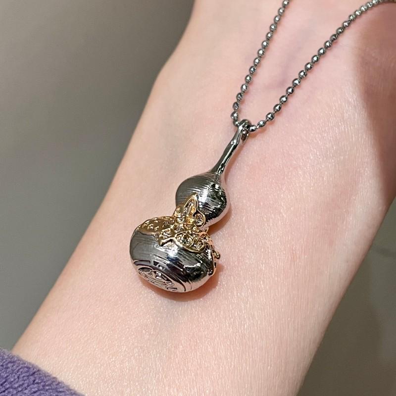 Chinese Retro Silver Gourd Necklace with Gold Hollow Carved Details - Clavicle Sweater Chain
