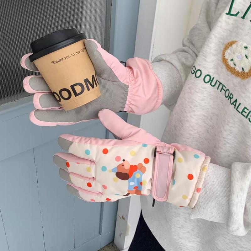 Kadın Kış Karikatür Köpekçik Kayak Eldivenleri: Dokunmatik Ekranlı, Rüzgar Geçirmez, Kadife Astarlı, Dış Mekan Sürüşü İçin Parmak Ayrık