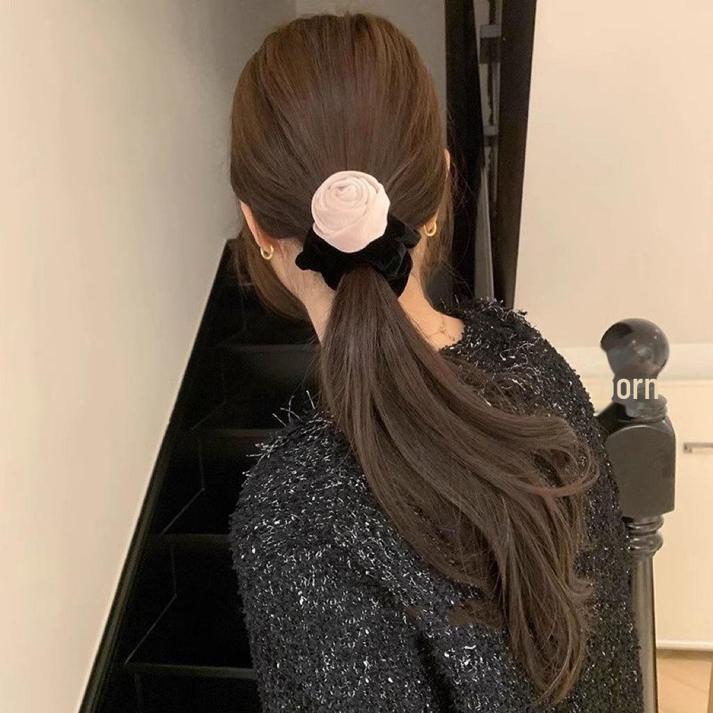 Velvet Floral Elastic Hair Tie Bun Ring - Korean Style for Women