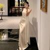 French Temperament Satin Design Slant Shoulder Backless Dress Birthday Party Dress Dress Women