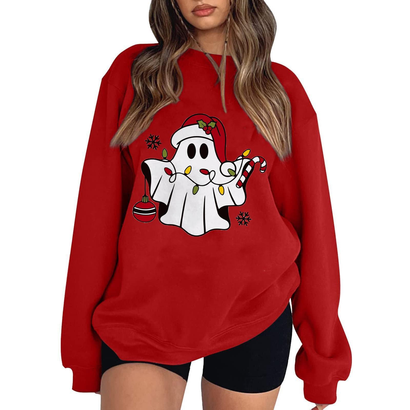 

Женский повседневный свитер с круглым вырезом и длинными рукавами, рождественский принт, толстовка с капюшоном и длинными рукавами S красный