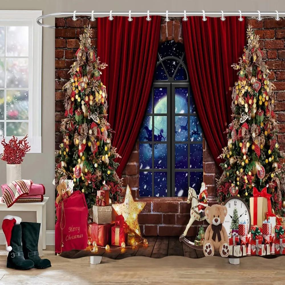 Weihnachtsparty Duschvorhänge Kamin Weihnachtsbaum und Geschenke Schneemann Schneeszene Waschbarer Duschvorhang Kunst Badezimmer Dec
