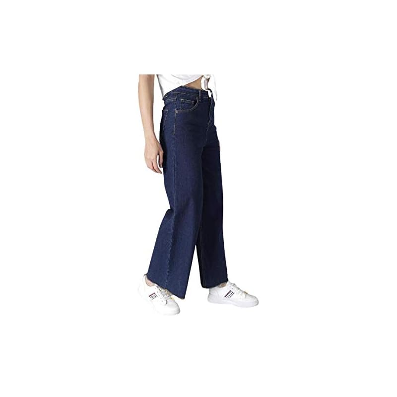 KOTTY Womens High Rise Cotton Lycra Clean Look Ankle Length Flared Denim Jeans(Blue,28) 28