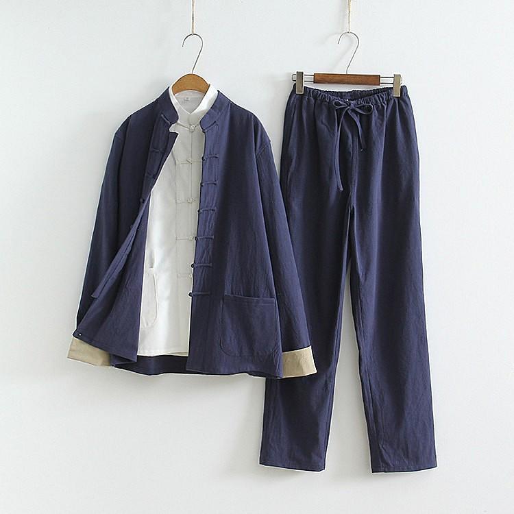 Herren Chinesischer Tang-Anzug: Frühlings-/Herbst-Baumwoll-Leinen-Set mit Froschknöpfen - Retro Mönch Teezeremonie Hanfu Robe.