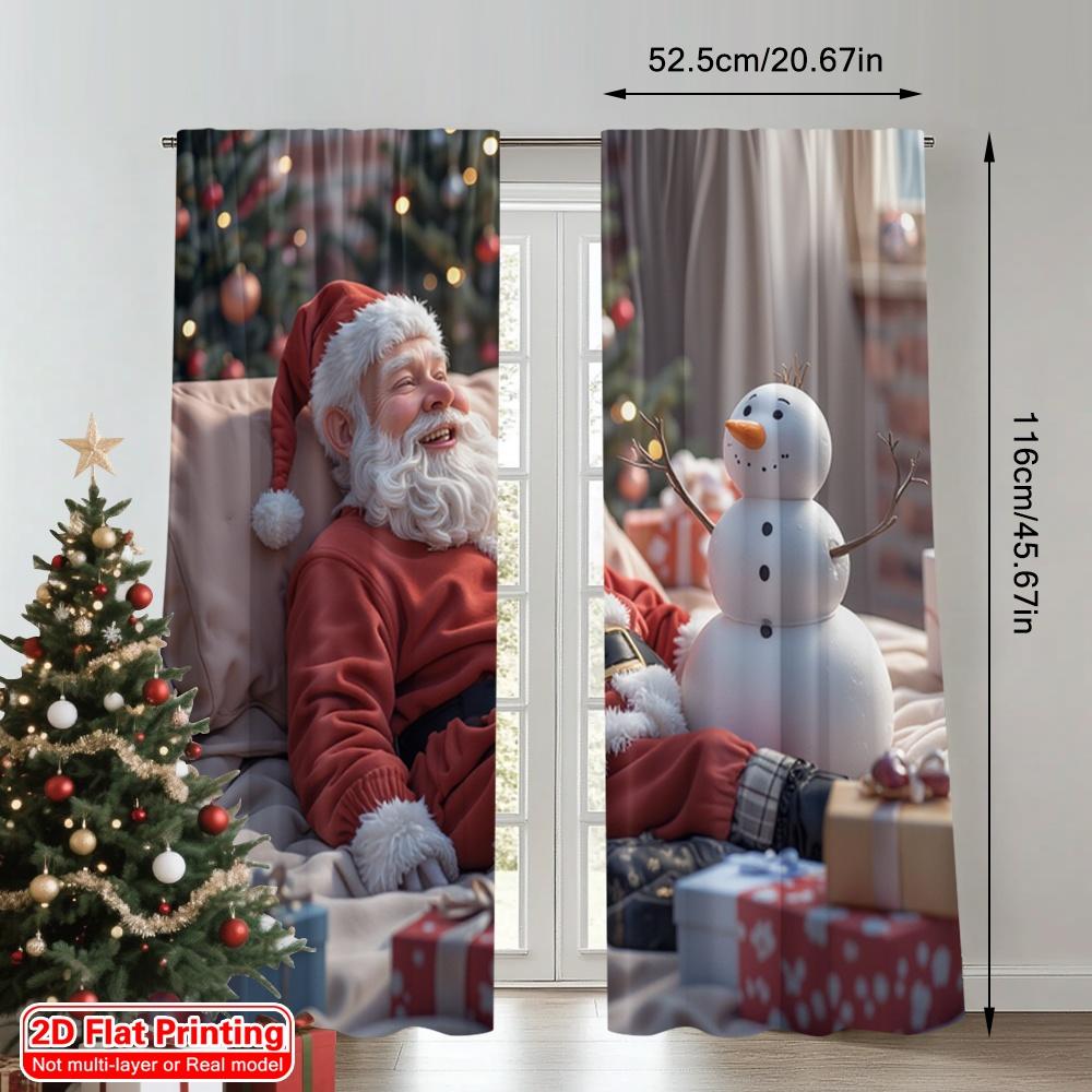 2pcs 2D Flat Printing Merry Christmas Popular Curtain Santa Snowman Christmas Gifts 100% Polyester Without Electricity Party &