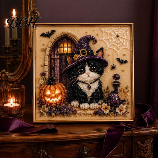 Unique Birthday Gifts for Her Ghost Faux Pearl Art DIY Kit with Frame, Halloween Cat Painting Craft Adults And Teens Kit, 3D Witch Pumpkin Adults,
