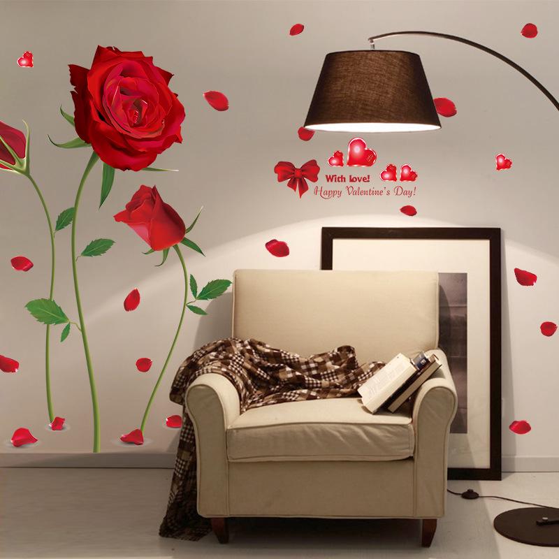 Romantic Valentine's Day Wall Sticker Red Rose Flower Removable Waterproof Home Decor for Bedroom Living Room