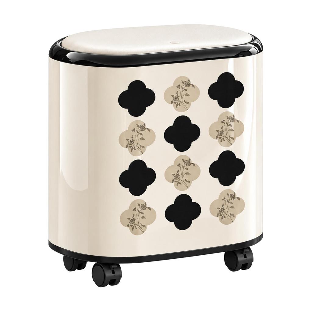Wheeled Trash Bin with Floral Pattern Lidded Compact Rolling Waste Portable Can