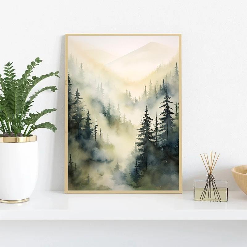Watercolor Foggy Forest Mountain Trees Pine Posters and Prints Canvas Painting Green Wall Art Picture for Living Room Home Decor