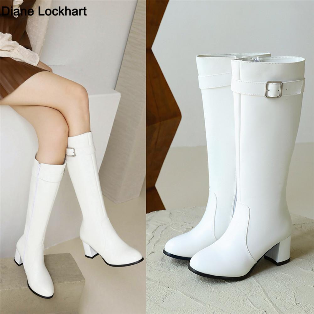 Módní dámské kozačky nad koleno Podzimní zimní boty Černé bílé střední podpatky S přezkou Dlouhé kotníkové boty Kozačky nad stehno Dámské boty Velikost 33-43