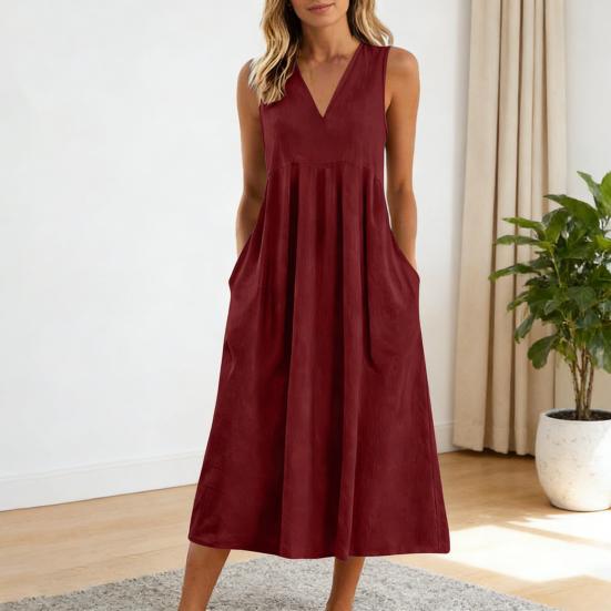 Rochie casual de vară din in pentru femei, fără mâneci, cu decolteu în V, rochie de soare lejeră, croială A, tip maiou, midi, cu buzunar