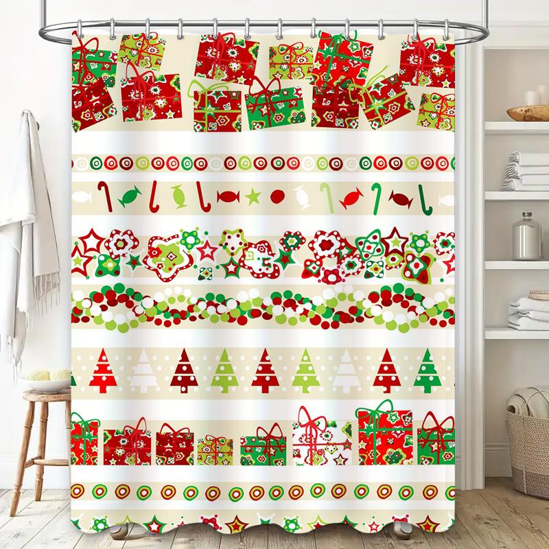 Tu Festive Christmas Shower Curtain Holiday Red Green Pattern Waterproof Bathroom Decor Festive Xmas Holiday Home Textile Fabr