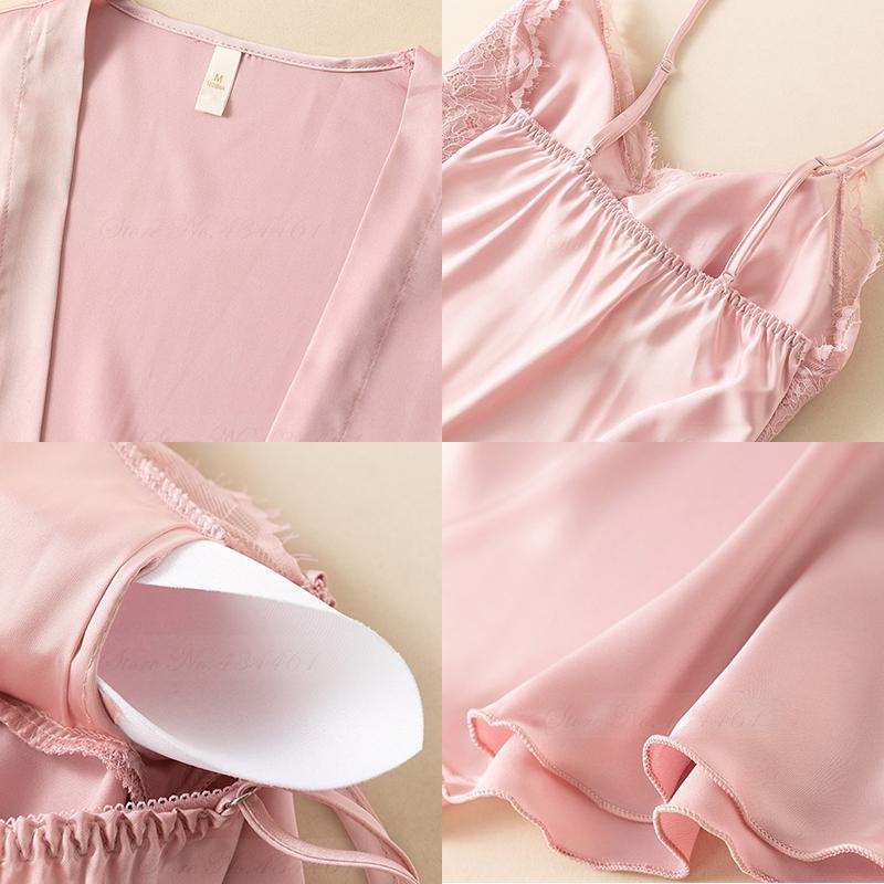 Spring Summer 4PCS Pajamas Set Female Pyjama Sleepwear Sexy Lace Kimono Bathrobe Nightgown Loose Silk Satin Homewear Loungewear