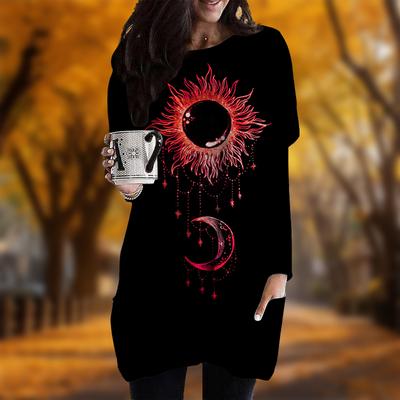 Nuovo Vestito Taglie Forti con Stampa Sole Luna Autunnale da Donna Girocollo Maniche Lunghe Casual con Tasche
