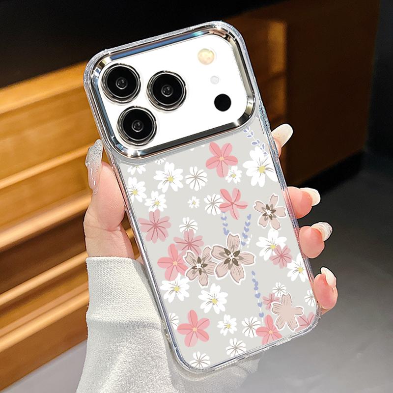 Pink Cartoon Floral Case For iPhone 17 Pro Max iPhone 16 15 14 13 Pro Max 11 17e 16e Plating Lens Frame Clear Soft Silicone Back Cover