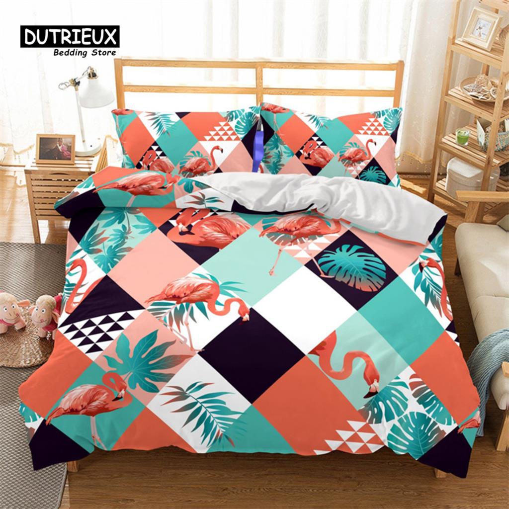 Soft Flamingo 3D Print Bedding Set Fresh Style Cartoon Animals Green Leaves Tropical Fruit Floral Duvet Cover With Pillowcases
