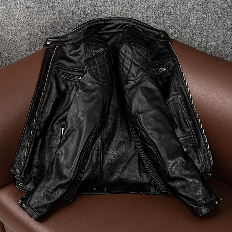 Mens Genuine Leather Jacket Top Grain Cowhide Biker Coat Stand Collar Motorcycle Riding Jacket with Armor Pockets Large Size