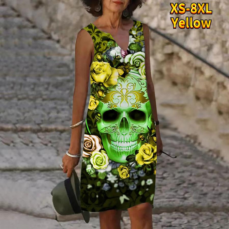 

Женское летнее синее платье с v-образным вырезом и принтом головы черепа, повседневное модное платье без рукавов, повседневные свободные сексуальные платья размера плюс XS-8XL 8XL жёлтый