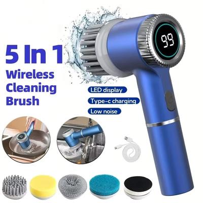 LED Display Electric Cleaning Brush Wireless Kitchen Sink Cleaning Brush 5-in-1 IPX7 Waterproof Electric Pot Brush Cleaning Tool