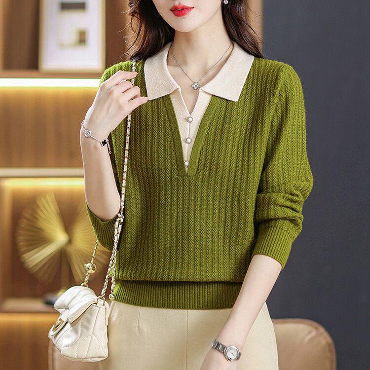 Loose and Thin Women's Sweater Lapel Top New Style Sweater Sweater Bottoming Western Style Autumn and Winter Knitted Fake Two Pieces