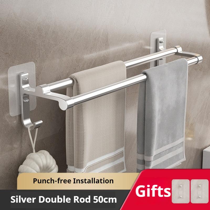 Bathroom Towel Holder No-Drill Towels Rack With Hooks Wall Mounted Towel Bar Bathroom Organizer Self-Adhesive Towel Rail