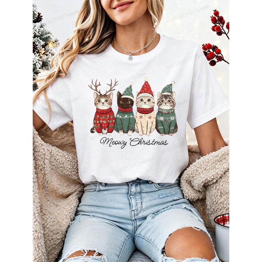 Women Christmas T‑Shirt Meowy Christmas Cute Cat Xmas Sweater Hat Reindeer Print Short Sleeve Casual Holiday Party Tee Tops Gift