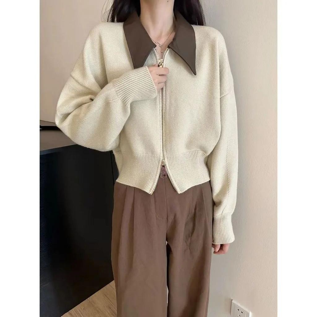 Pulover din tricot cu guler din piele îmbinată Cardigan cu fermoar dublu la modă Toamnă/iarnă Nou moale Vintage cu mânecă lungă Îmbrăcăminte de stradă