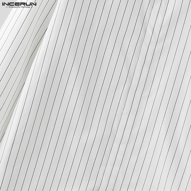 INCERUN Oversized Men Casual Long Sleeve Lapel Striped Print Shirts