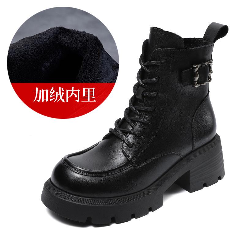 2026 autumn and winter new thick-soled thick-heeled leather British style showing feet small velvet Martin boots women's retro short boots